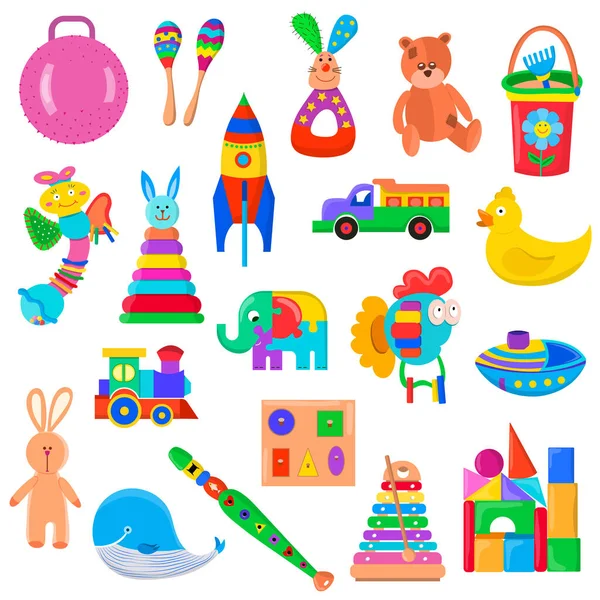 Juego de juguetes para niños. Colección de juguetes para niños pequeños. Juguetes de plástico y madera. Actividad y juegos divertidos. Ilustración de dibujos animados de estilo plano vectorial aislada sobre fondo blanco. — Vector de stock