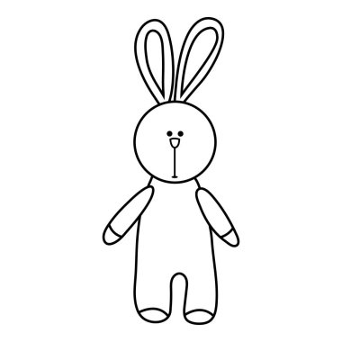 Yumuşak tüylü tavşan. Yumuşak oyuncak. Paskalya süsleri, doğum günü kartları, kitap sayfaları. Çocuk oyuncağı çizim stili. Vektör illüstrasyonu.