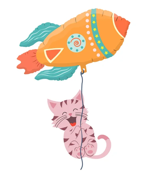 Cute kotek mucha w balonie w kształcie rakiety. Radosna postać zwierzaka lata. Pierwsze zwierzątko dla dzieci. Cute wektor kreskówki ilustracja na białym tle. — Wektor stockowy