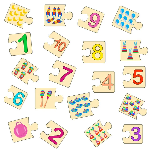 Jogo educativo para crianças. Encontre a imagem certa para o número. Coleção quebra-cabeça com números e brinquedos. Jogo de puzzle, Mosaico. Número do tipo. —  Vetores de Stock