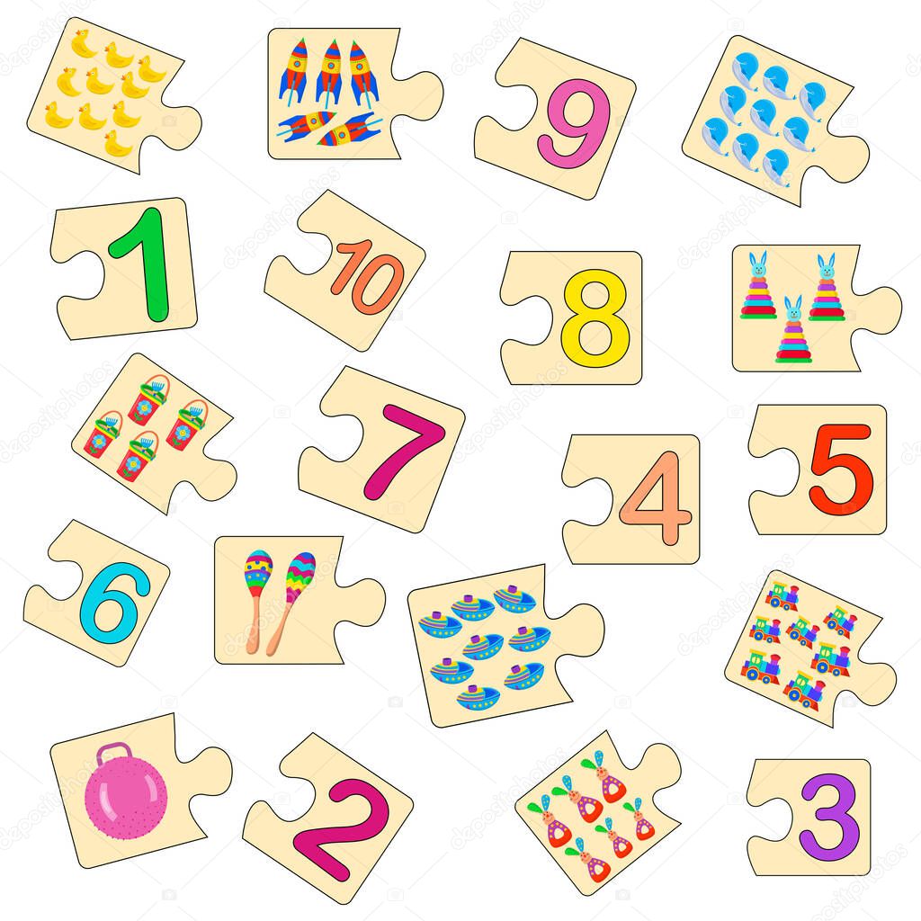 Educational game for kids. Find the right picture for the number. Collection puzzle with numbers and toys. Puzzle Game, Mosaic. Type numbers.
