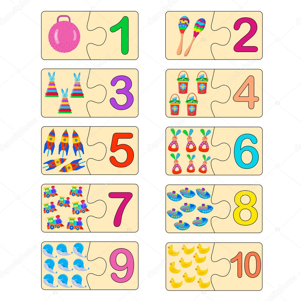 Educational game for kids. Correct version of assembled puzzles. Collection puzzle with numbers and toys. Learning numbers. Puzzle Game, Mosaic. Type numbers.