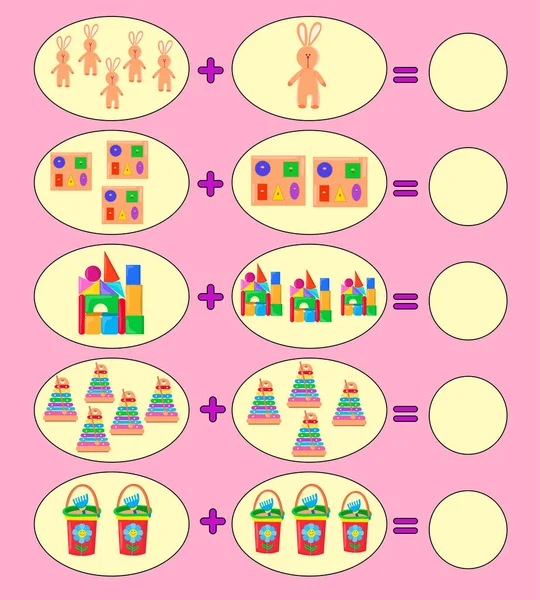 Resolva Exemplos Matemáticos Para Adição Dobre Brinquedos Diferentes Jogo Educativo —  Vetores de Stock