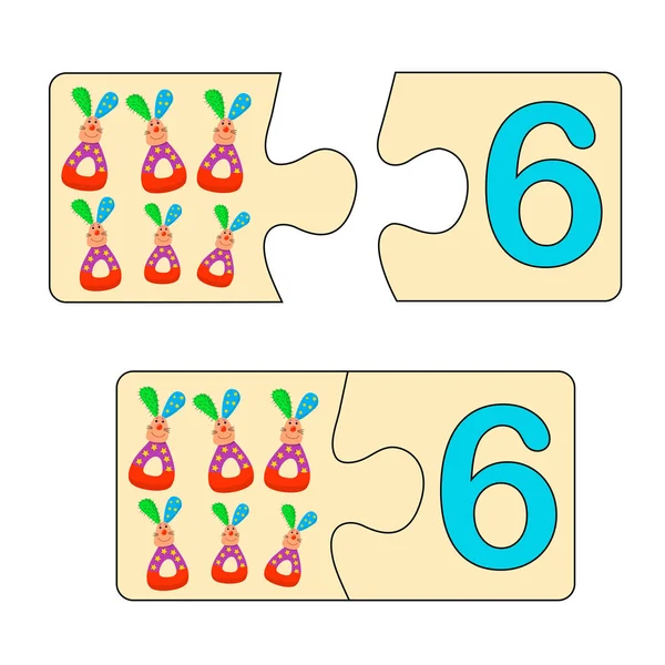 子供のための教育ゲーム 番号のための右の画像を検索します 6番のパズルとおもちゃの柔らかいウサギ パズルゲームモザイク — ストックベクタ