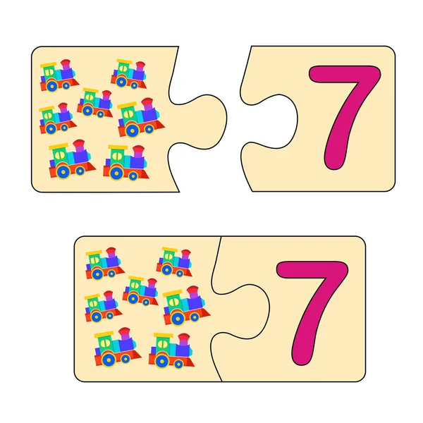 孩子们的教育游戏找到正确的数字图片 七号字谜和玩具火车 拼图游戏 马赛克类型编号 — 图库矢量图片