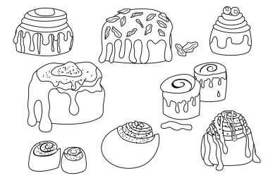 Karalama tarzında nefis tarçınlı çörekler. Kıvrımlı çörekler. Tarçınlı, şekerli, soslu, şuruplu, fındıklı. Vektör el çizimi çizimi