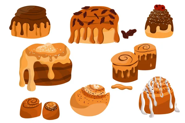 Set Deliciosos Bollos Cinabrio Sobre Fondo Blanco Conjunto Bollos Remolino — Vector de stock