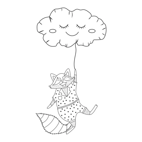 Słodki Szop Latać Balonie Kształcie Chmury Doodle Radosna Postać Zwierzaka — Wektor stockowy