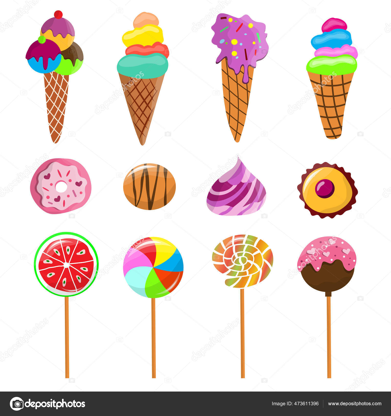 アイスクリーム お菓子 クッキー ロリポップのコレクション アイスクリームの様々な味 お菓子とキャンディーセット 白地のベクトル漫画イラスト  ストックベクター ©Catcher333 473611396, image size:1600x1700