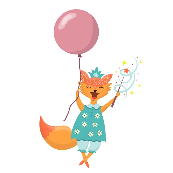 Cute Fox Latać Balonie Fox Trzyma Magiczną Różdżkę Radosny Zwierzak — Wektor stockowy