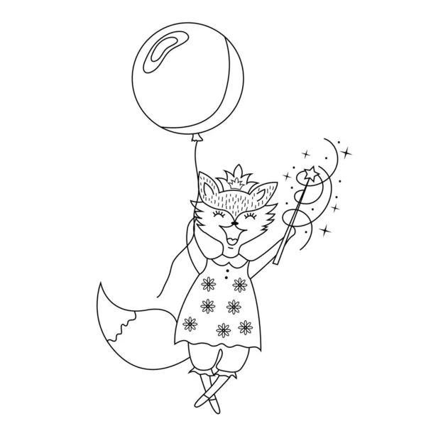 Cute Fox Fly Balloon Doodle Fox Hold Magic Wand Joyful — Stock Vector