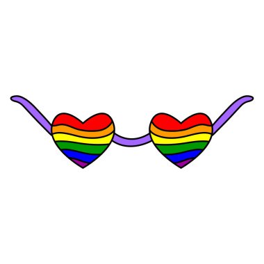 LGBT gurur ayı. Lgbt kalp gözlükleri beyaz arkaplanda izole edilmiş. LGBTQ konsepti. Gökkuşağı kalpleri. İnsan hakları ve hoşgörü. Vektör çizgi film illüstrasyonu