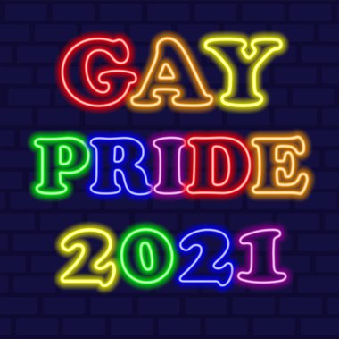 Gay gururu 2021 neon. Mutlu eşcinsel gururu ayı. Parlayan LGBT topluluğu. Vektör illüstrasyonu.