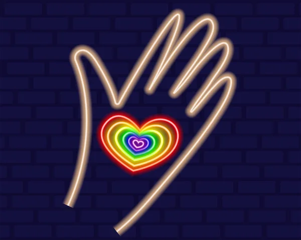 Herz Der Hand Von Neon Regenbogenfarbe Lgbt Leuchtreklame Vektor Design — Stockvektor