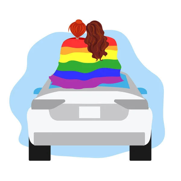 Deux filles lesbiennes avec drapeau arc-en-ciel assis sur la voiture.Deux lesbiennes étreignant. Mois de la fierté LGBT. Défilé LGBT. Droits de l'homme et tolérance. Illustration vectorielle de dessin animé — Image vectorielle
