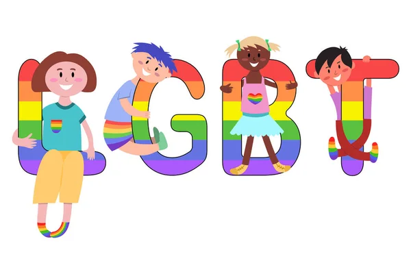 LGBT rainbow pride festival day characters. Lettres LGBT avec enfants. Inscription des enfants. Joyeux mois de fierté. Vecteur de bande dessinée iilustration. — Image vectorielle