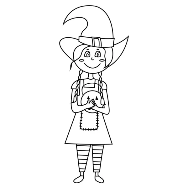 Coloriage Halloween Enfant Fille Personnage Joyeux Halloween Fille Tient Citrouille — Image vectorielle