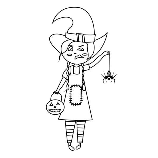 Dibujo Para Colorear Ilustración Vectorial Halloween Chica Traje Bruja Con — Vector de stock