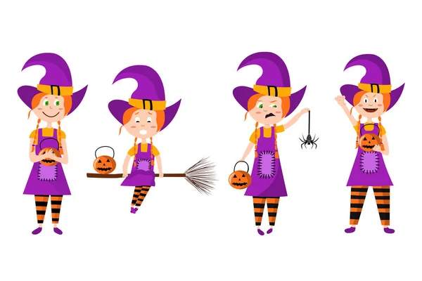 Cute Character Girl Witch Costume Set Different Poses Emotions Horror — Stock Vector