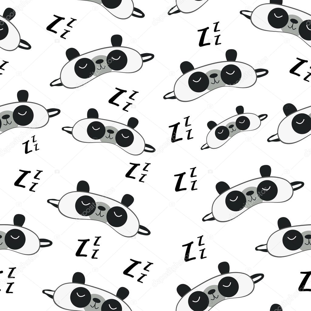Seamless pattern sleep mask with cute panda face. Eye protection wear accessory. Relaxation blindfold. Cartoon vector illustration on white background.