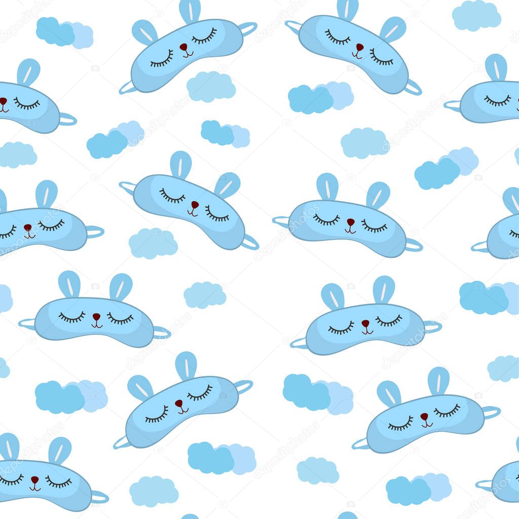 Seamless pattern sleep mask with cute rabbit face. Eye protection wear accessory. Relaxation blindfold. Cartoon vector illustration isolated on white background.