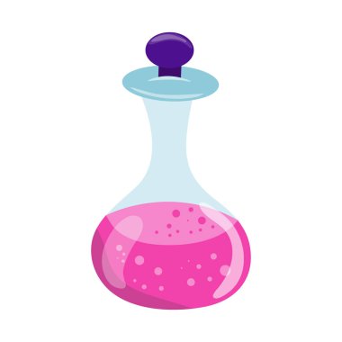 Baloncuklu pembe Cadılar Bayramı iksiri şişesi. Cadılar bayramın kutlu olsun. Korku gecesi için dekorasyon. Vektör çizgi film illüstrasyonu