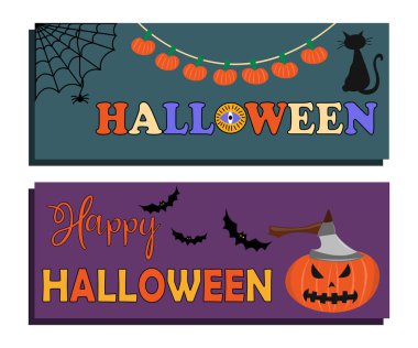 Cadılar bayramı bayrağınız kutlu olsun, her türlü amaç için harika bir tasarım. Tatil kartları. Pankartlar, posterler, tebrik kartları. Vektör illüstrasyonu.