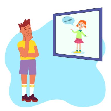 Konsept tasarım için düz karakter düşünen çocuk. Adam posterlere bakıyor. Kız muhabbeti. Düz vektör çizimi. İzole vektör çizimleri. Kendini düşünen genç bir öğrencinin tasviri