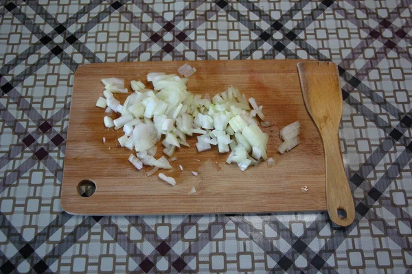 Cebolla Picada Tabla Cortar —  Fotos de Stock