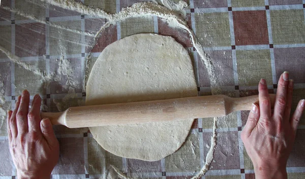 Woman Rolls Out Dough Rolling Pin Kitchen First Person View — Stock Photo, Image