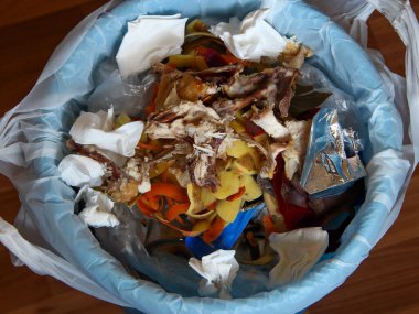 Çöp tenekesinde tavuk artıkları.