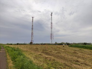 Tarım alanının arka planında haberleşme kuleleri