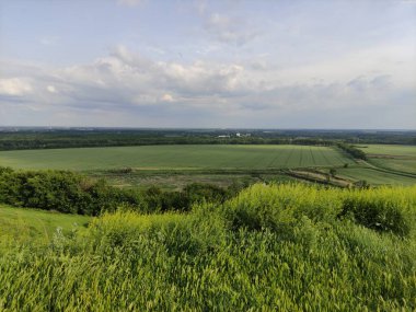 Manzara - vadi, tarlalar, orman ve gökyüzü bulutlarda