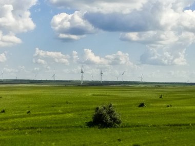 Arka planda yeşil tarlalar ve rüzgar tarlaları