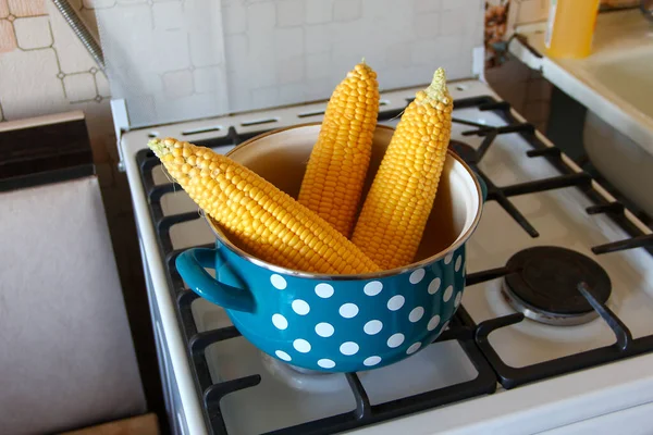 Cobs Fresh Young Corn Saucepan — Stock Photo, Image
