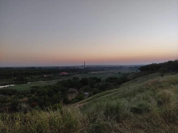 Esti Táj Hegy Természet Város Távolban — Stock Fotó