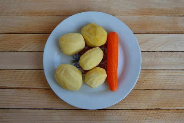 Raw Carrots Potatoes Plate Light Wooden Background Top View — Stock Photo, Image