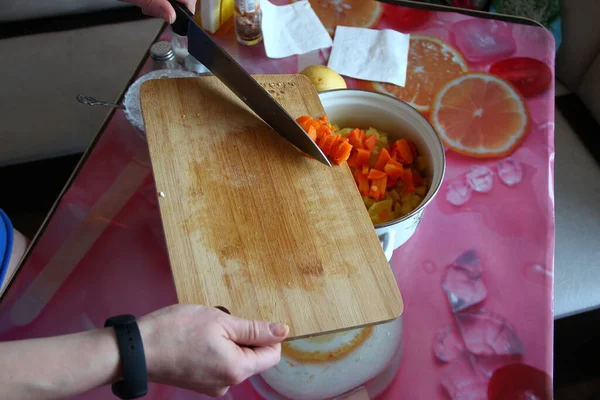 Woman Cuts Boiled Carrots Healthy Food — Stok fotoğraf