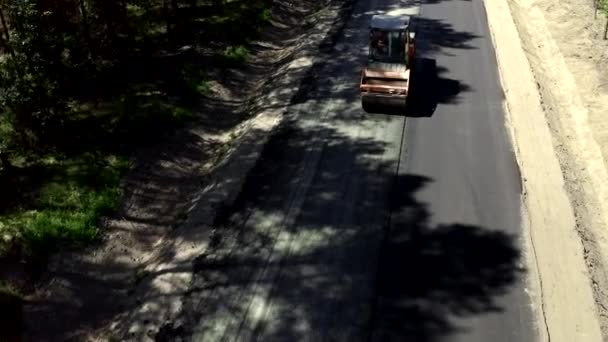 Tiro aéreo de un rodillo de carretera que conduce por una carretera vacía en un bosque — Vídeo de stock