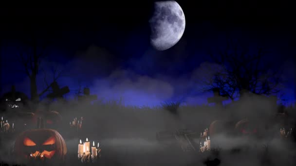 Halloween fundal înfiorător pietre funerare și dovleci împotriva lunii mari — Videoclip de stoc
