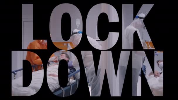 LOCKDOWN 2D Text mit Aufnahmen aus dem Quarantäne-Krankenhauszimmer im Hintergrund — Stockvideo