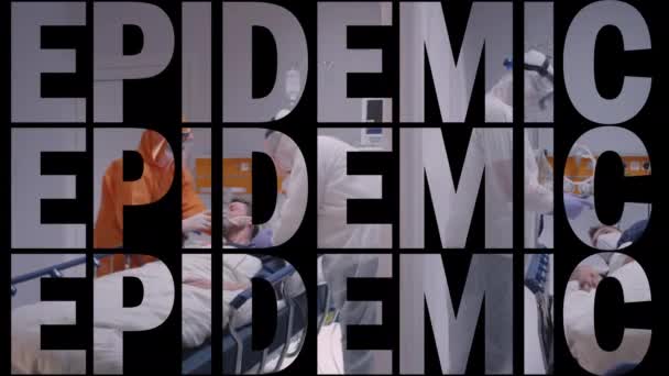 EPIDEMIC 2D szöveg a háttérben a karantén kórházi szobájából készült felvételekkel — Stock videók