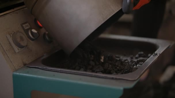 Slow-mo: Emptying Barrel with Samples of Black Asphalt in Laboratory — Stock Video