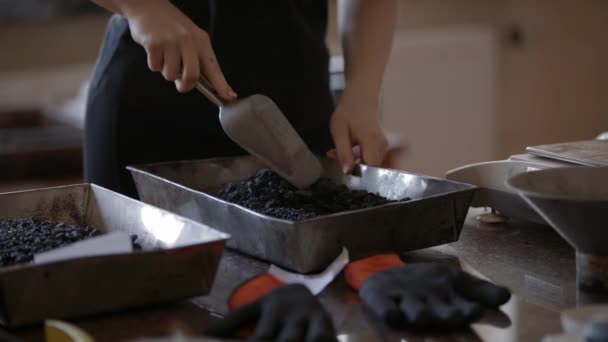 Lento-mo: Técnico de laboratório feminino mistura pequenas amostras de betume — Vídeo de Stock