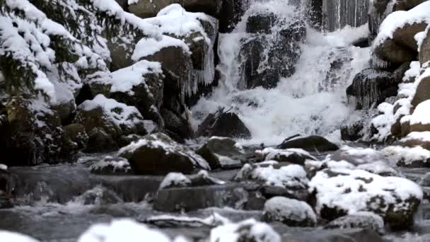 Slowmo bela cachoeira gelada no inverno com pedras cercadas por neve — Vídeo de Stock