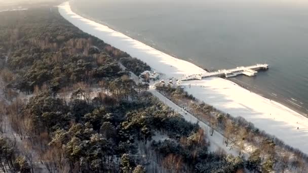Zapierający dech w piersiach zimowy lot nad piaszczystą plażą z molo pełnym spacerujących ludzi — Wideo stockowe