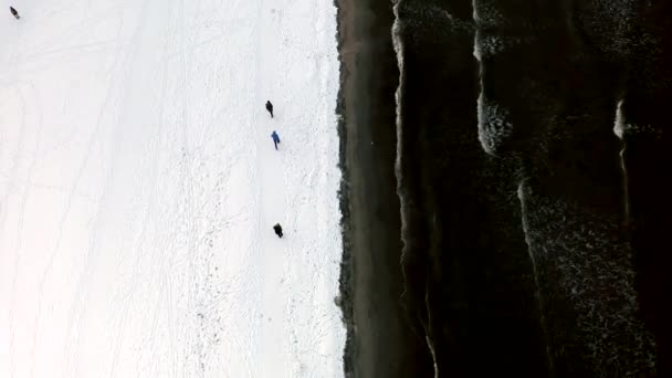 Antena: Ludzie spacerujący po Snowy City Beach z łagodnymi falami rozbijają się na wybrzeżu — Wideo stockowe