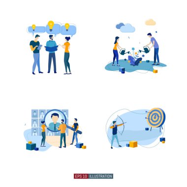 Moda düz çizim seti. Takım çalışması metaforu. İş mekanizması planlayan, iş stratejisini analiz eden ve fikir alışverişinde bulunan ofis çalışanları. Tasarımının şablonu işe yarıyor. Vektör grafikleri.