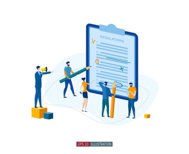 Moda düz çizim. Takım çalışması konsepti. İnsanlar yönetmelikleri oluşturur ve düzenlerler. Planlama. İş stratejisi. Organizasyon. İşbirliği. Tasarımının şablonu işe yarıyor. Vektör grafikleri.