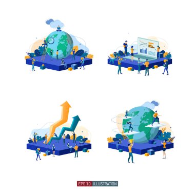 Moda düz çizim seti. Takım çalışması metaforu. İş mekanizması planlayan, iş stratejisini analiz eden ve fikir alışverişinde bulunan ofis çalışanları. Tasarımının şablonu işe yarıyor. Vektör grafikleri.